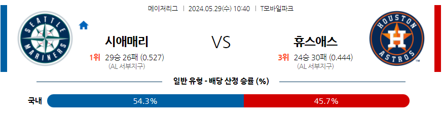 5월29일 MLB 시애틀 휴스턴 해외야구분석 무료중계 스포츠분석