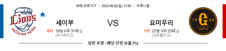 6월2일 NPB 세이부 요미우리 한일야구분석 무료중계 스포츠분석