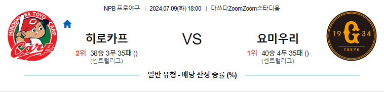 7월 9일 NPB 히로시마 요미우리 한일야구분석 무료중계 스포츠분석