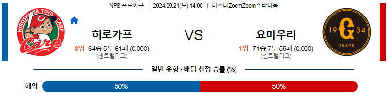 9월 21일 NPB 히로시마 요미우리 한일야구분석 무료중계 스포츠분석