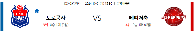 10월1일 KOVO 컵(여) 한국도로공사 페퍼저축은행 국내배구분석 무료중계 스포츠분석