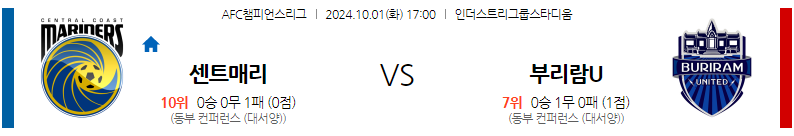 10월1일 아시아 챔피언스 센트럴 코스트 마리너스 FC 부리람 유나이티드 FC 아시아축구분석 무료중계 스포츠분석