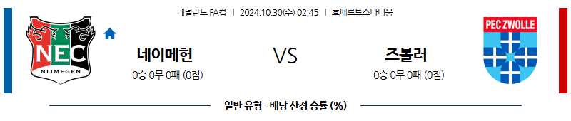 10월30일 네덜란드FA컵  네이메헌 즈볼레 해외축구분석 무료중계 스포츠분석