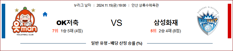 11월 15일 V-리그 OK저축은행 삼성화재 국내배구분석 무료중계 스포츠분석